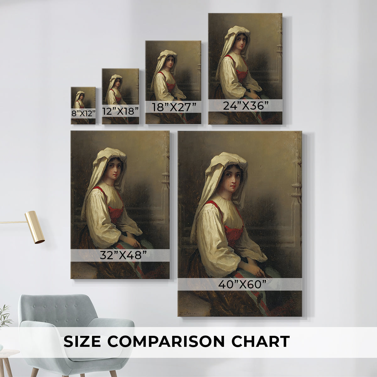 Size comparison chart for canvas art prints, showing multiple size options.