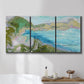 Three-panel canvas wall art featuring open landscape with landing strip, displayed in a bathroom above a bathtub.