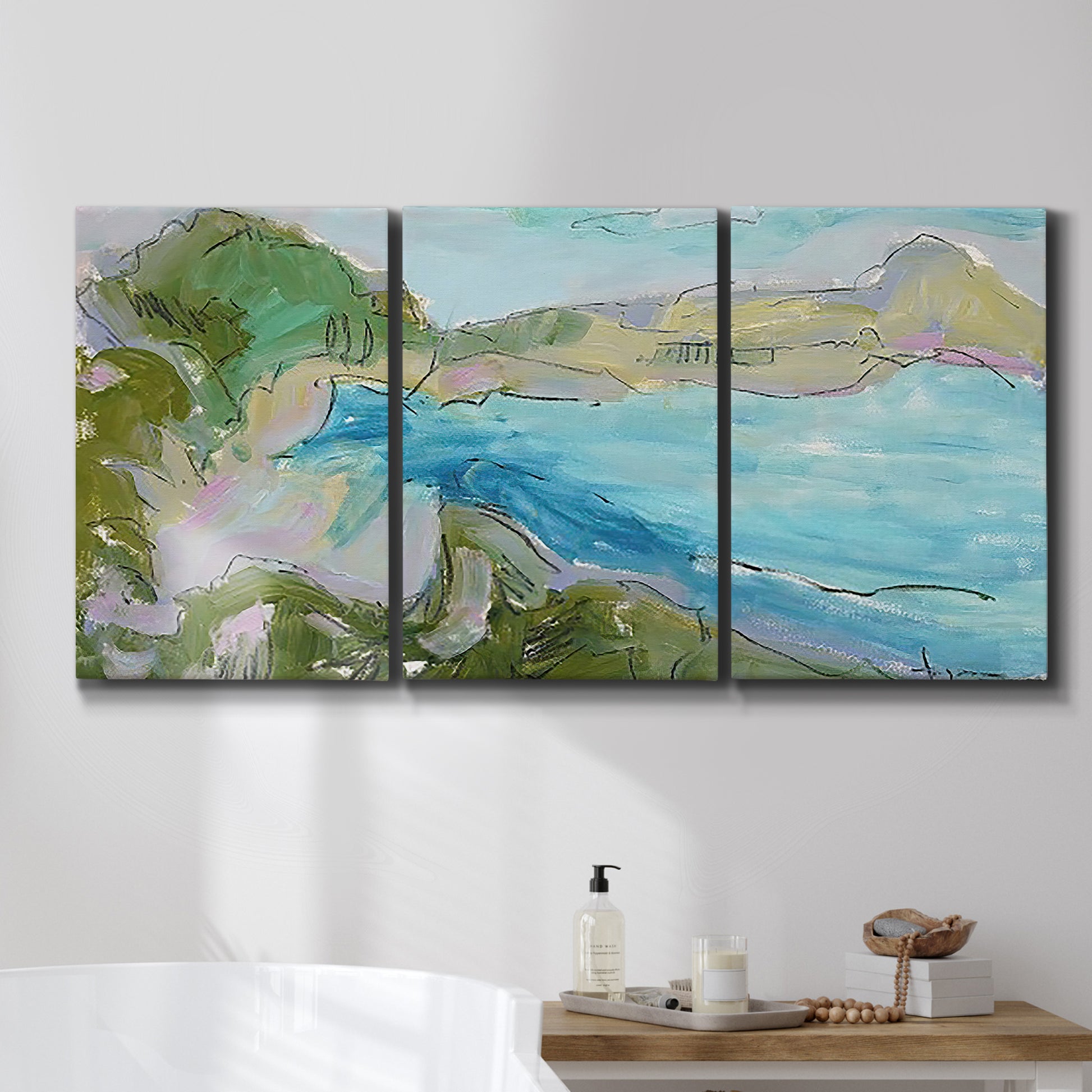 Three-panel canvas wall art featuring open landscape with landing strip, displayed in a bathroom above a bathtub.