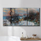 Three-panel canvas wall art featuring snow covered road leading to village, displayed in a bathroom above a bathtub.