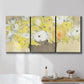 Three-panel canvas wall art featuring abstract floral table arrangement, displayed in a bathroom above a bathtub.