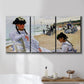 Three-panel canvas wall art featuring figures walking along sandy beach, displayed in a bathroom above a bathtub.