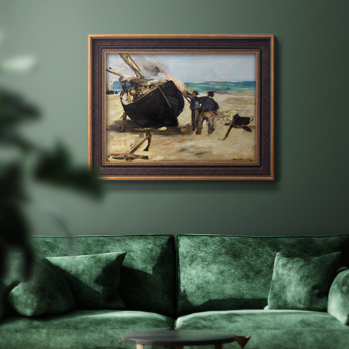 Impressionist nautical work scene by Édouard Manet in an ornate bronzed mahogany wood frame displayed in a dark-toned interior setting.