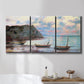 Three-panel canvas wall art featuring golden coastal sunset with cliffs, displayed in a bathroom above a bathtub.