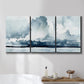 Three-panel canvas wall art featuring abstract rainstorm watercolor, displayed in a bathroom above a bathtub.