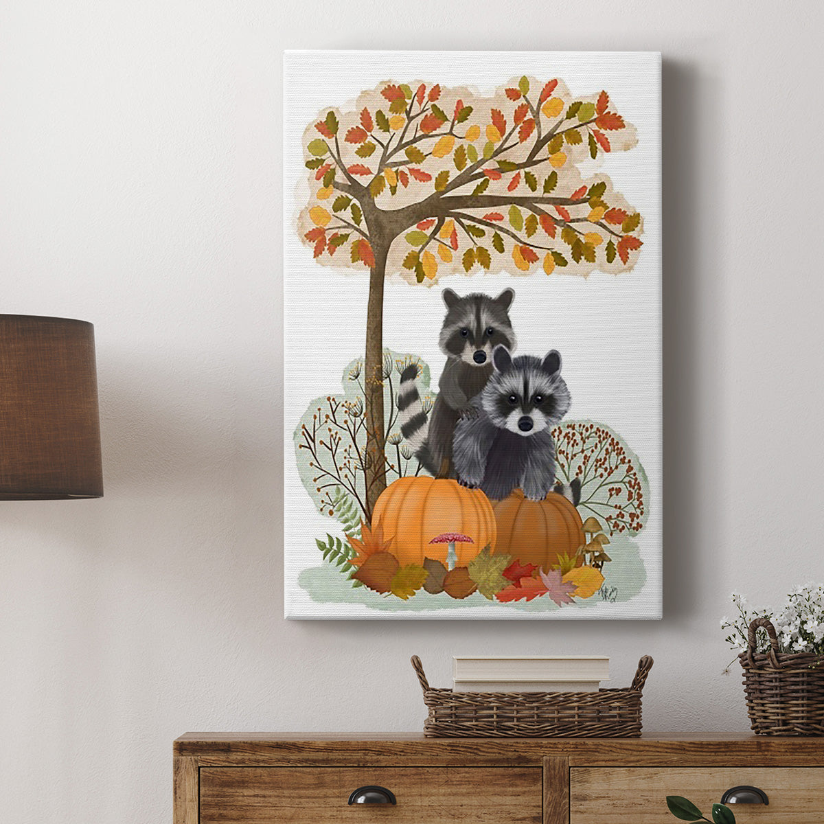 Raccoons On Pumpkins Under Tree Premium Gallery Wrapped Canvas - Ready to Hang