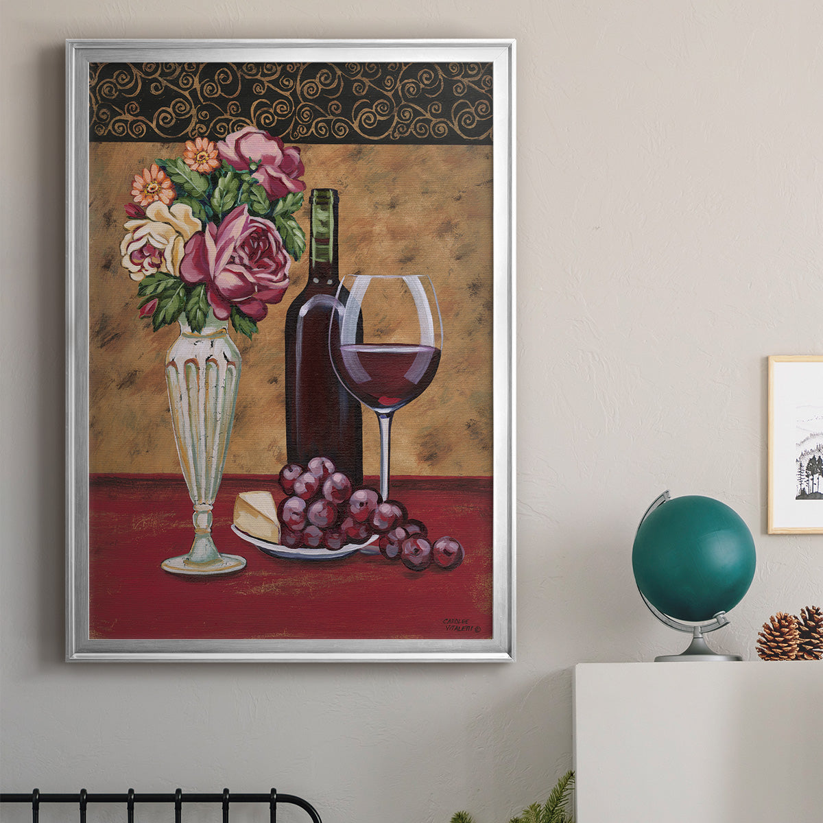 Vintage Flowers and Wine I - Modern Framed Canvas Print