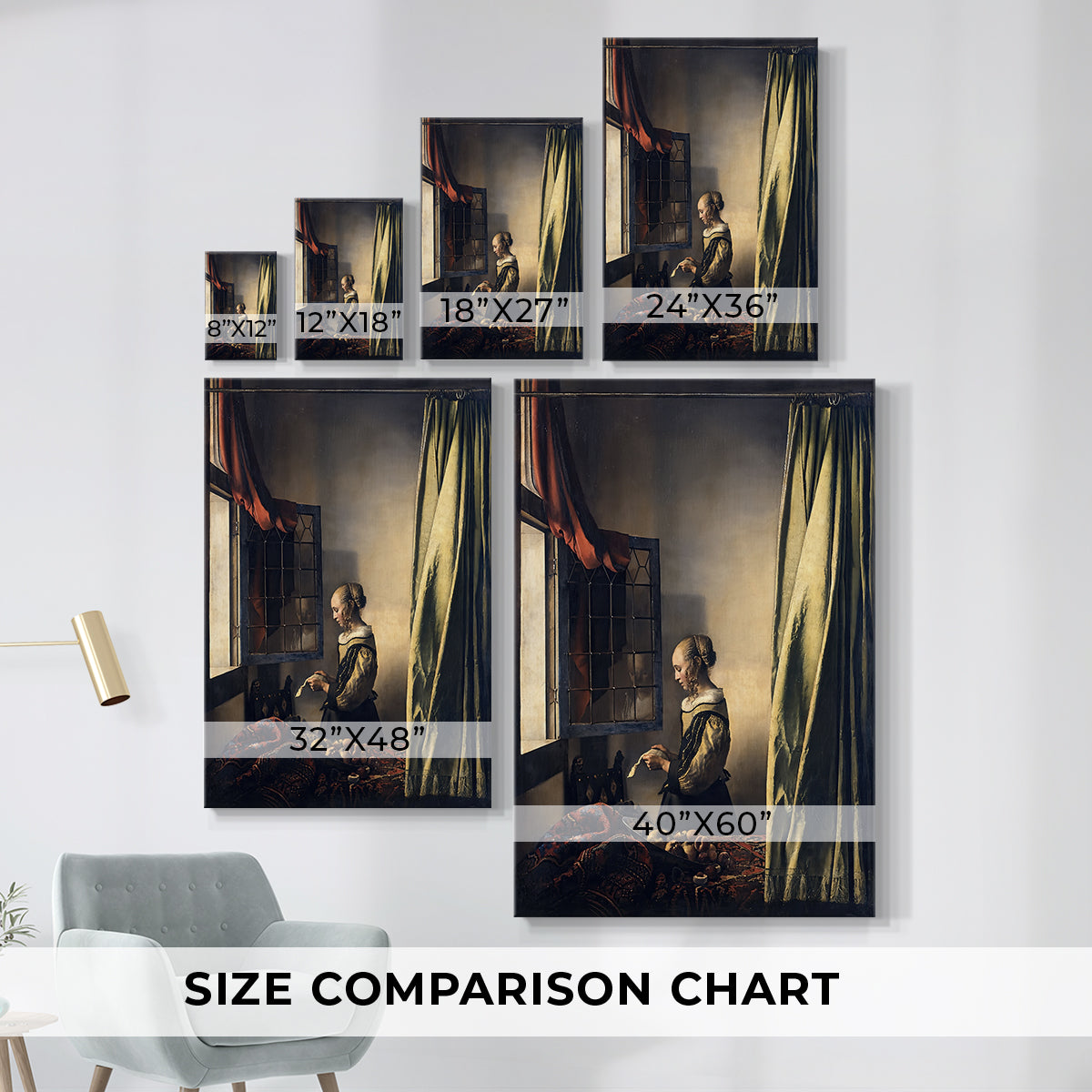 Size comparison chart for canvas art prints, showing multiple size options.