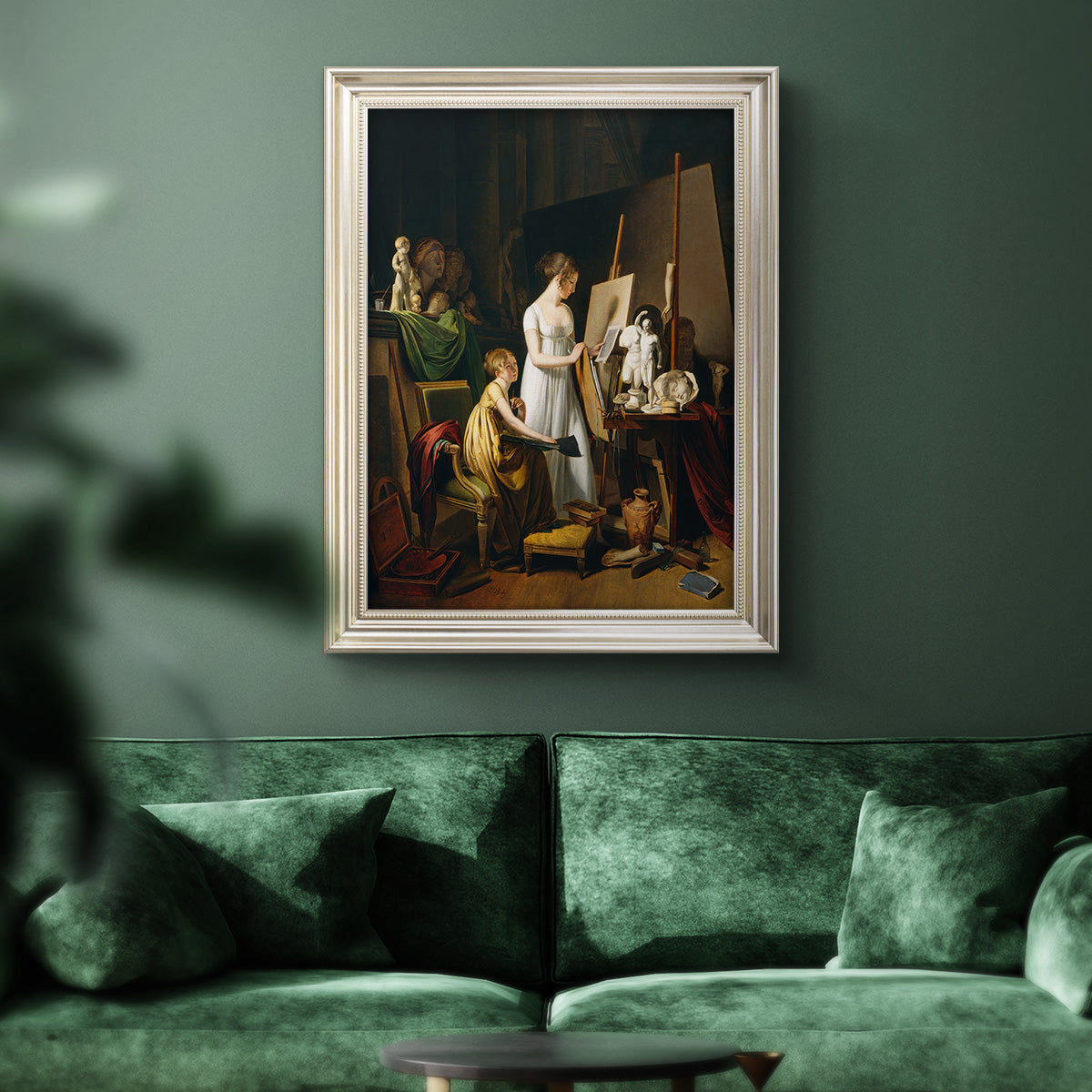 Classical interior painting of an artist at work by Louis-Leopold Boilly in an ornate champagne frame displayed in a dark-toned interior setting.