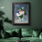 Impressionist floral still life painting by Claude Monet in an ornate black frame with gilded inner detail displayed in a dark-toned interior setting.