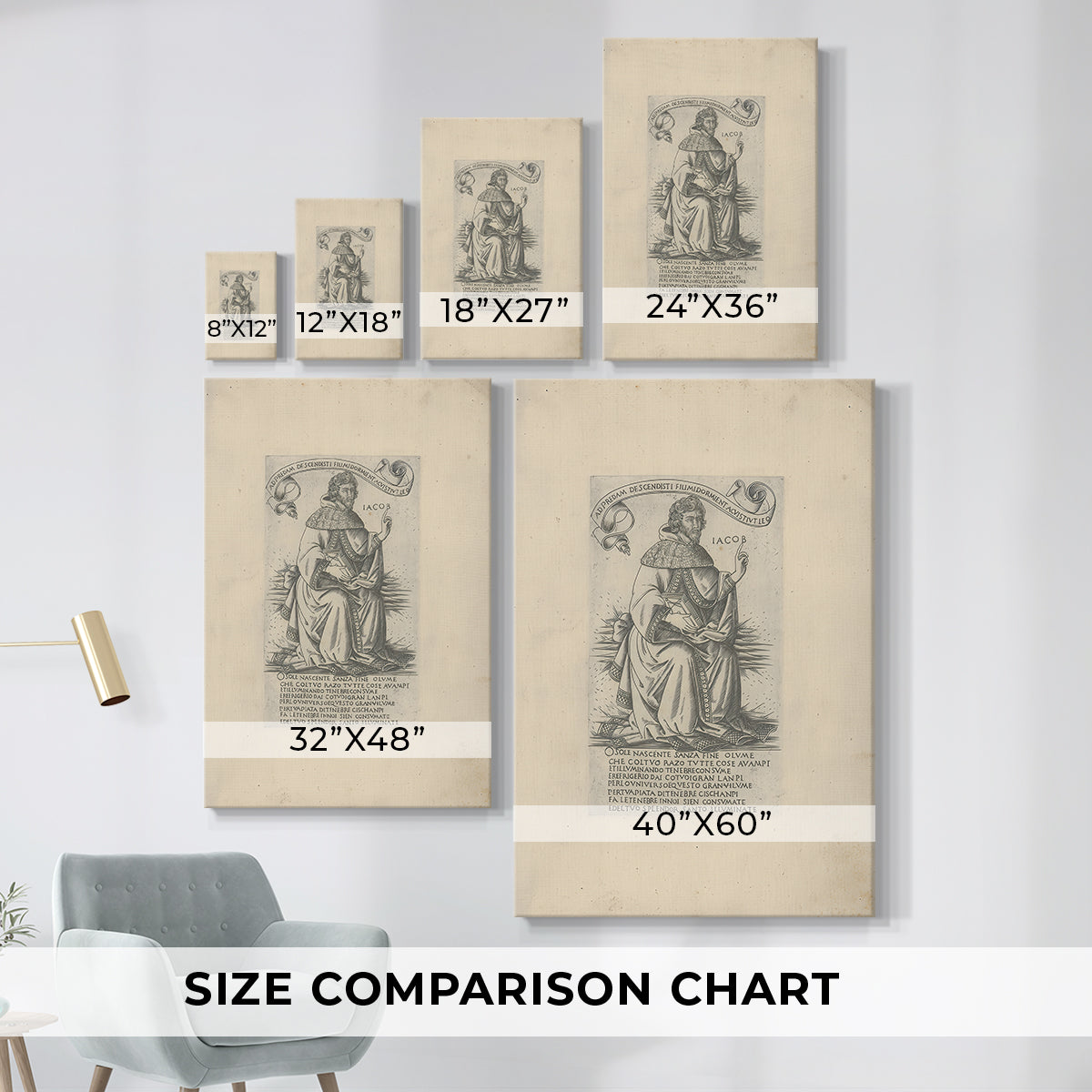 Size comparison chart for canvas art prints, showing multiple size options.