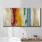 Three-panel canvas wall art featuring abstract divided color hemisphere forms, displayed in a bathroom above a bathtub.
