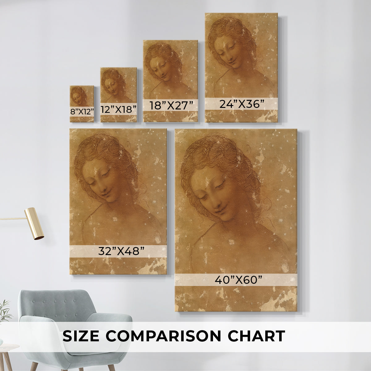 Size comparison chart for canvas art prints, showing multiple size options.