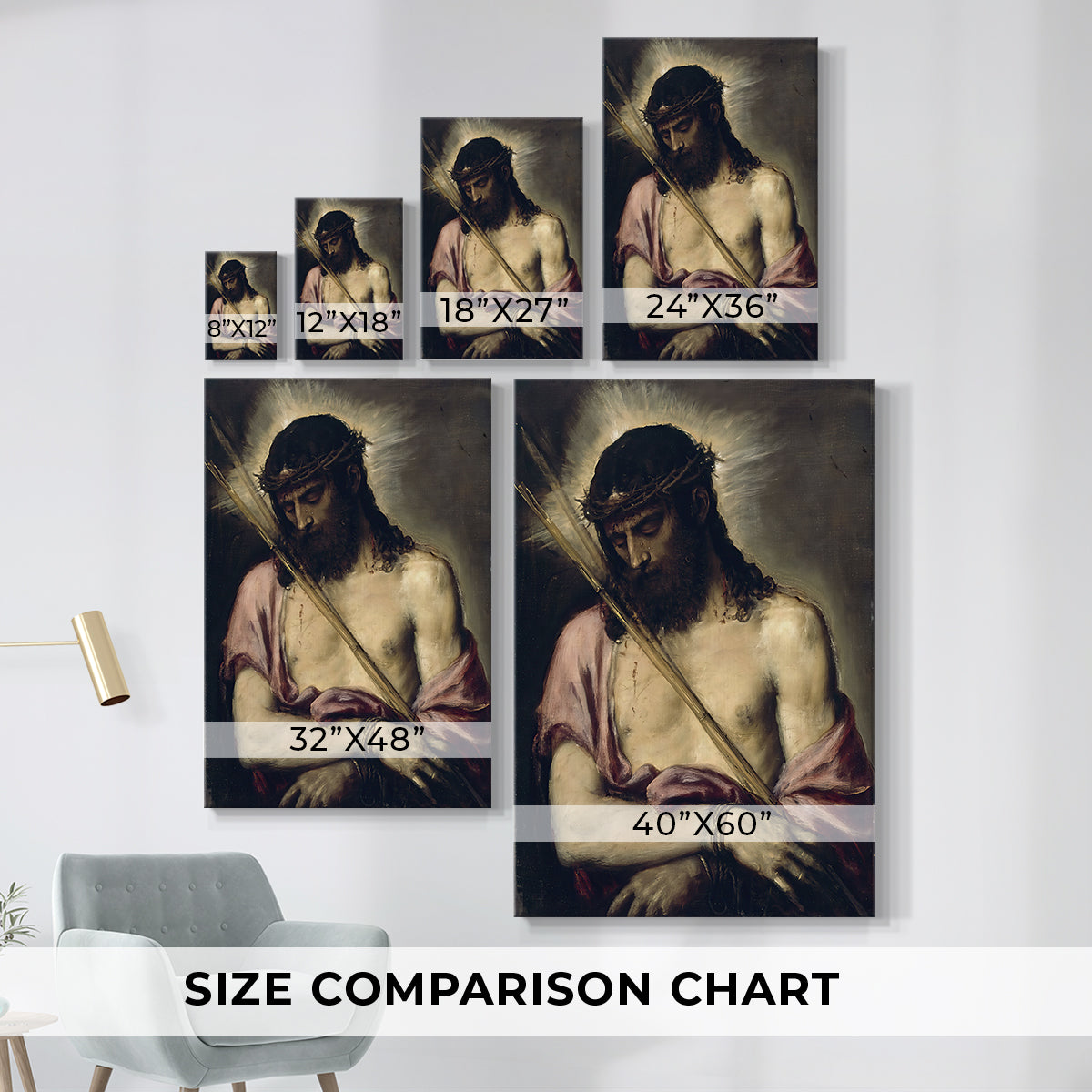 Size comparison chart for canvas art prints, showing multiple size options.