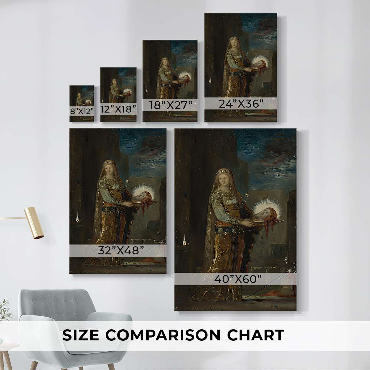 Size comparison chart for canvas art prints, showing multiple size options.