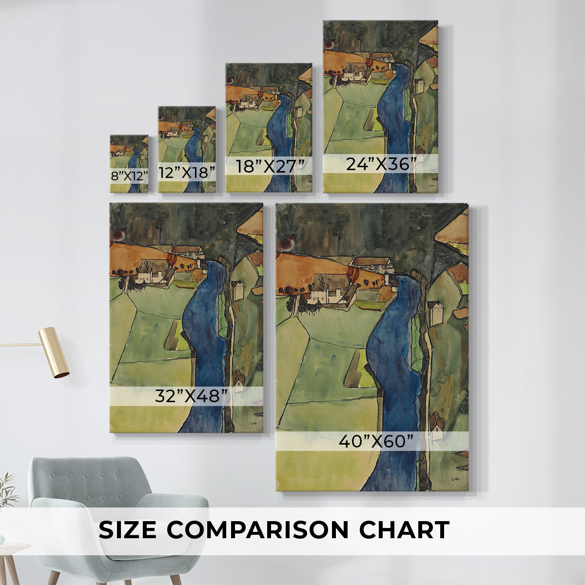 Size comparison chart for canvas art prints, showing multiple size options.