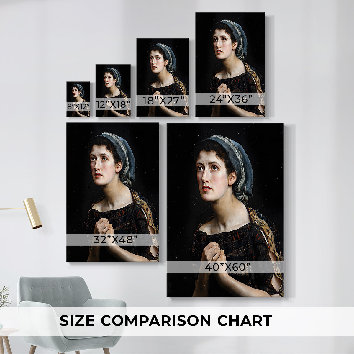 Size comparison chart for canvas art prints, showing multiple size options.