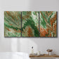 Three-panel canvas wall art featuring modern abstract layered pattern, displayed in a bathroom above a bathtub.