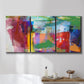 Three-panel canvas wall art featuring vibrant abstract color field panels, displayed in a bathroom above a bathtub.