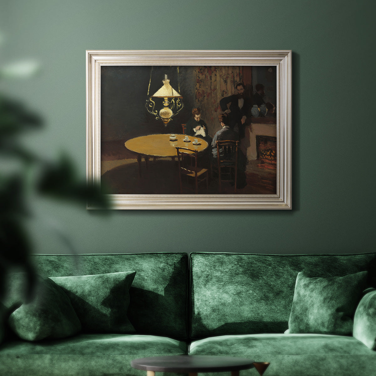 Impressionist domestic interior scene by Claude Monet in an ornate champagne frame displayed in a dark-toned interior setting.