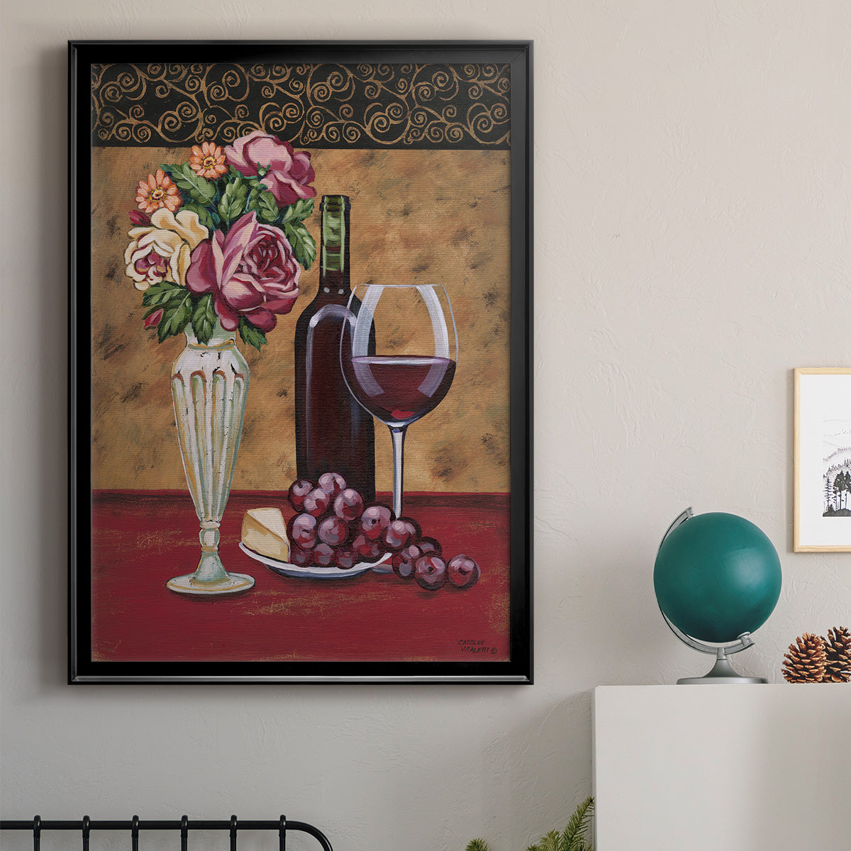 Vintage Flowers and Wine I - Modern Framed Canvas Print