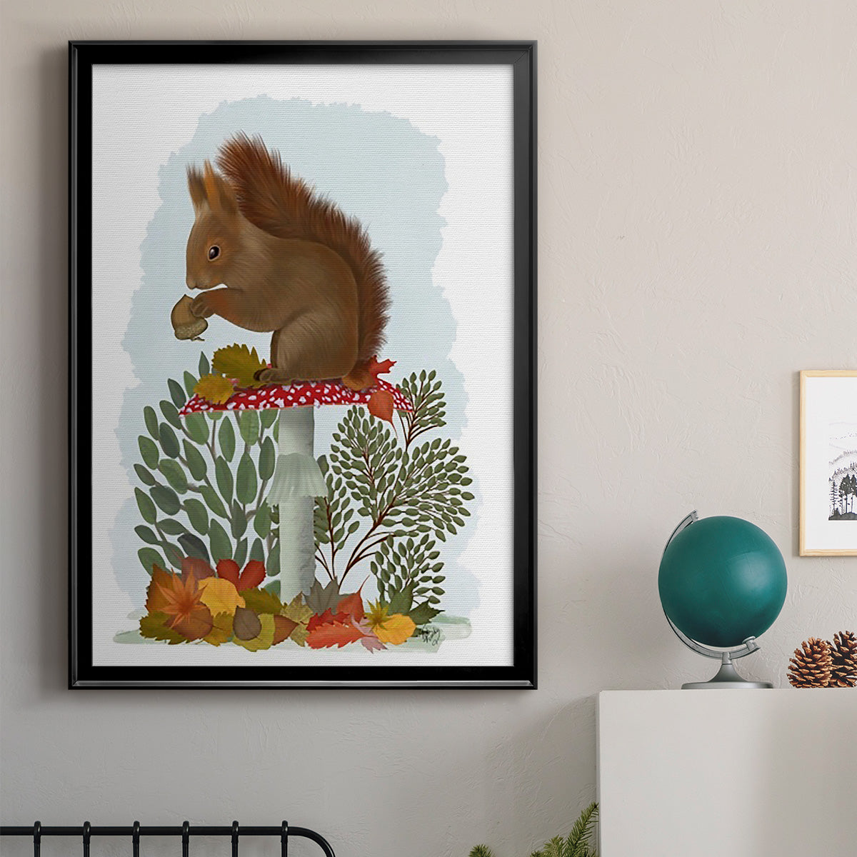 Red Squirrel On Mushroom - Modern Framed Canvas Print