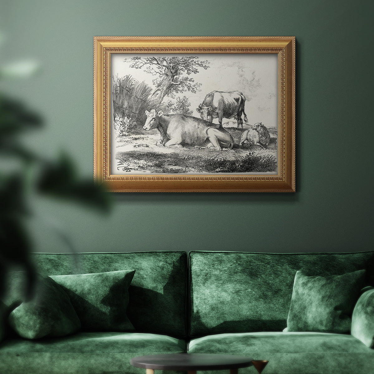 Classical pastoral landscape artwork by Nicolas Berchem in an ornate antique gold frame displayed in a dark-toned interior setting.