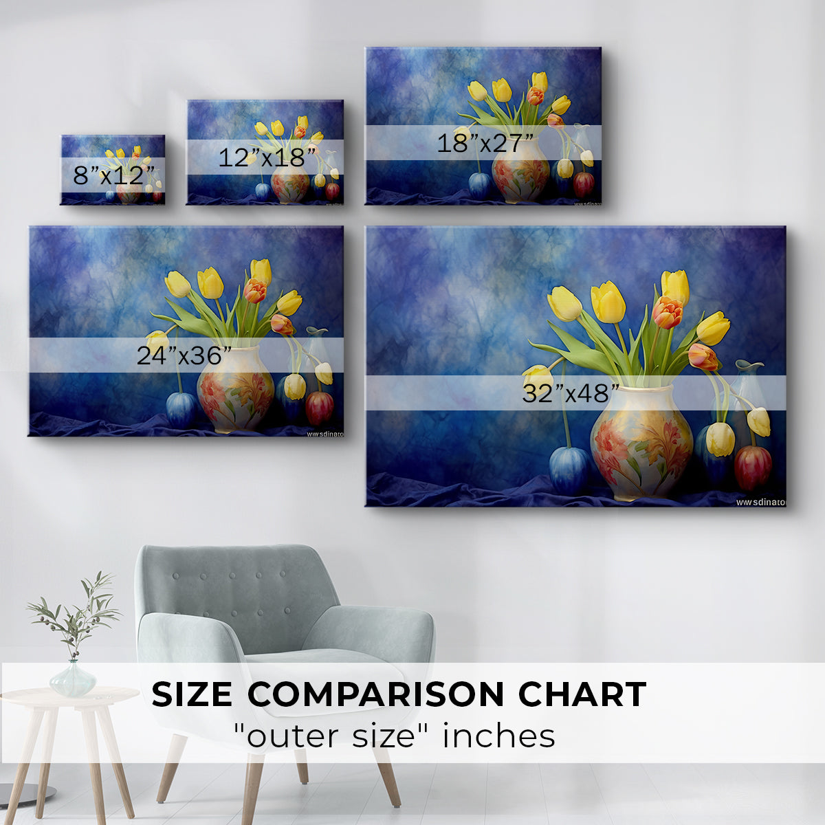 Colorful tulips in a decorative vase against a blue abstract background showcasing the beauty of spring flowers
