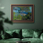Impressionist Mediterranean coastal landscape by Claude Monet in an ornate bronzed mahogany wood frame displayed in a dark-toned interior setting.