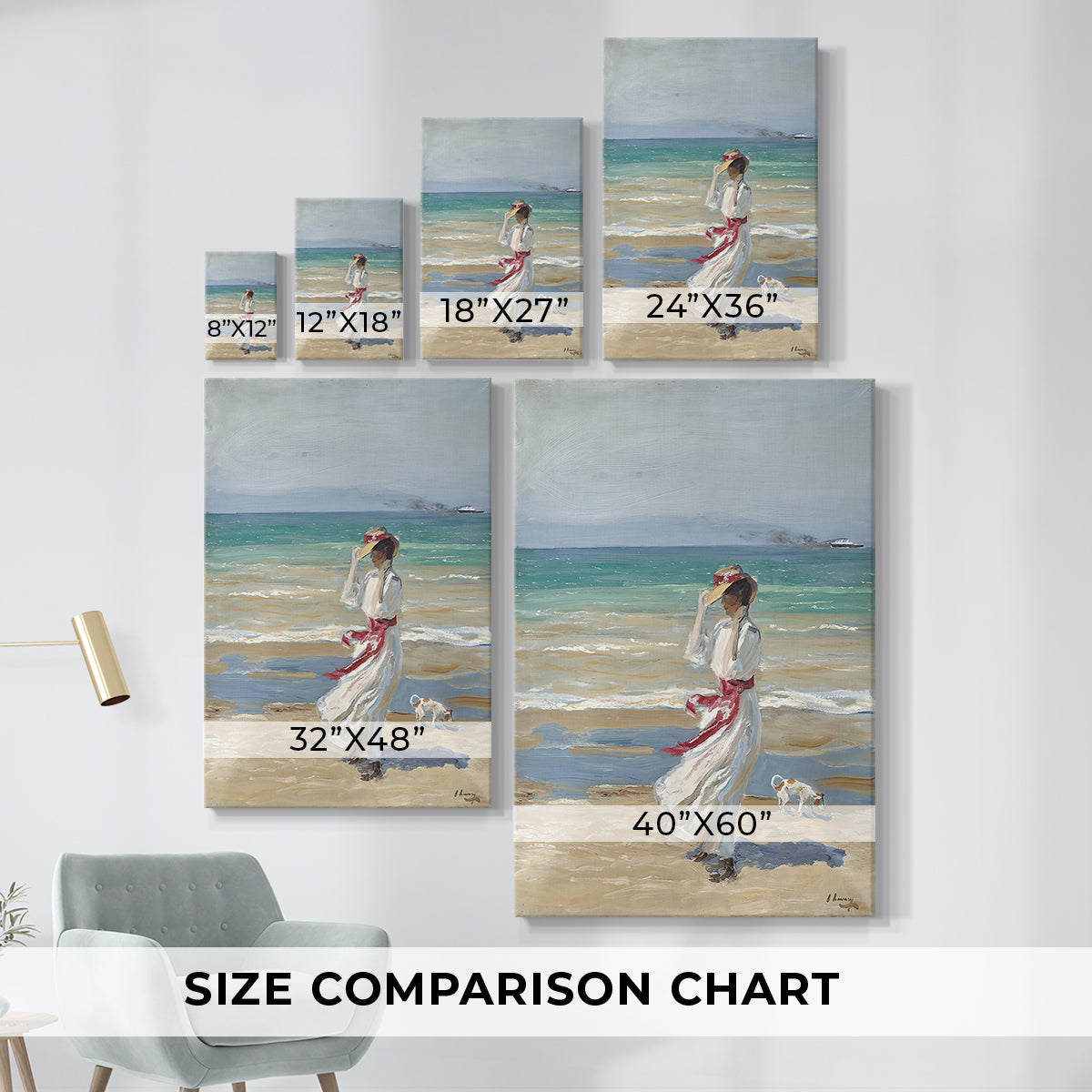 Size comparison chart for canvas art prints, showing multiple size options.
