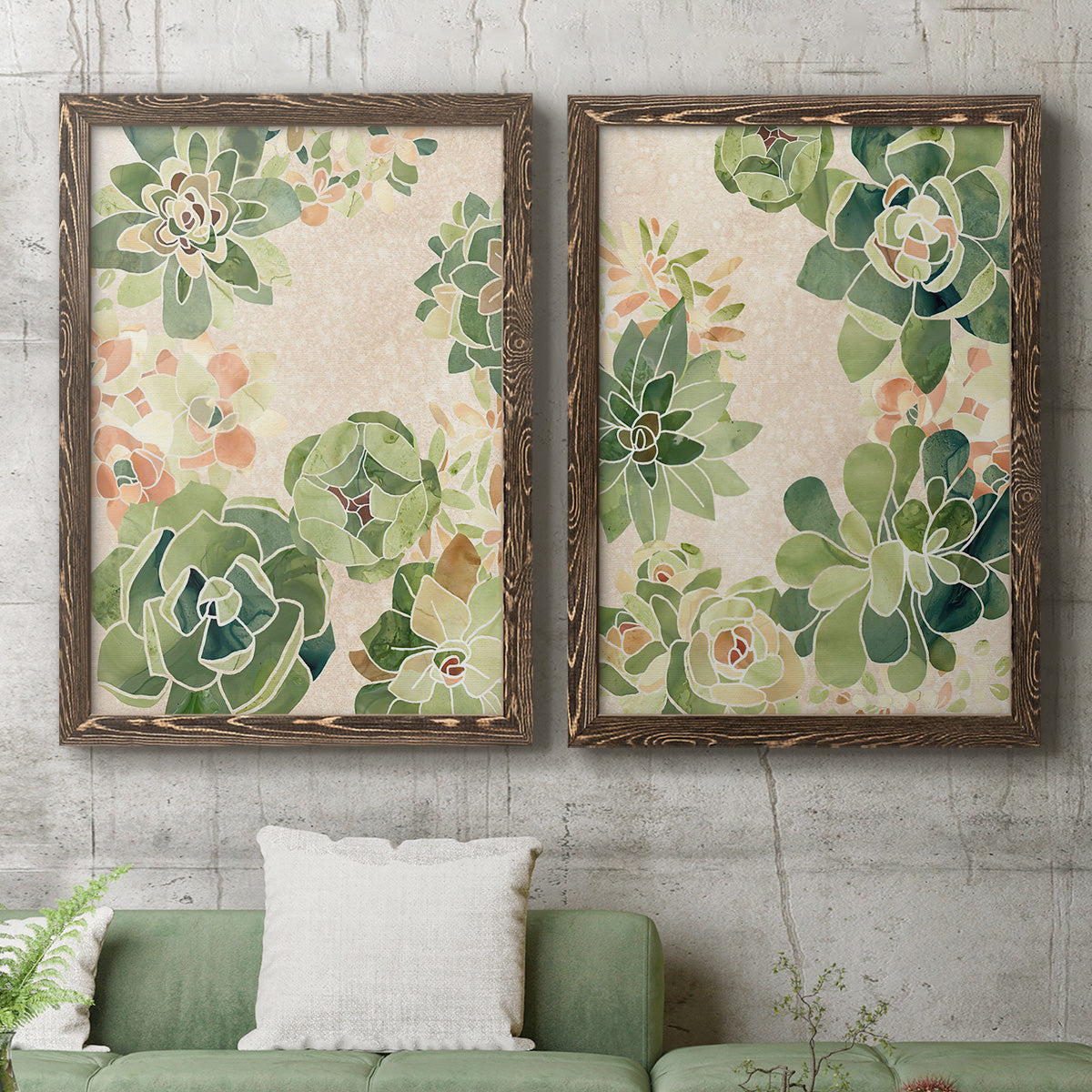 Set of two walnut barnwood framed canvas prints depicting a coordinated art pair of dense repeating succulents and small flowers rendered as decorative botanical pattern prints above a sofa in a modern living room.