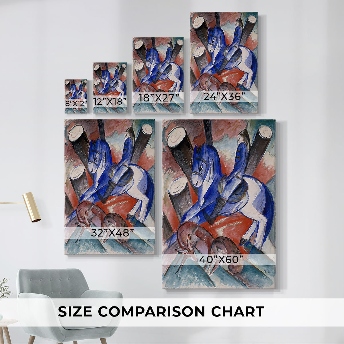 Size comparison chart for canvas art prints, showing multiple size options.
