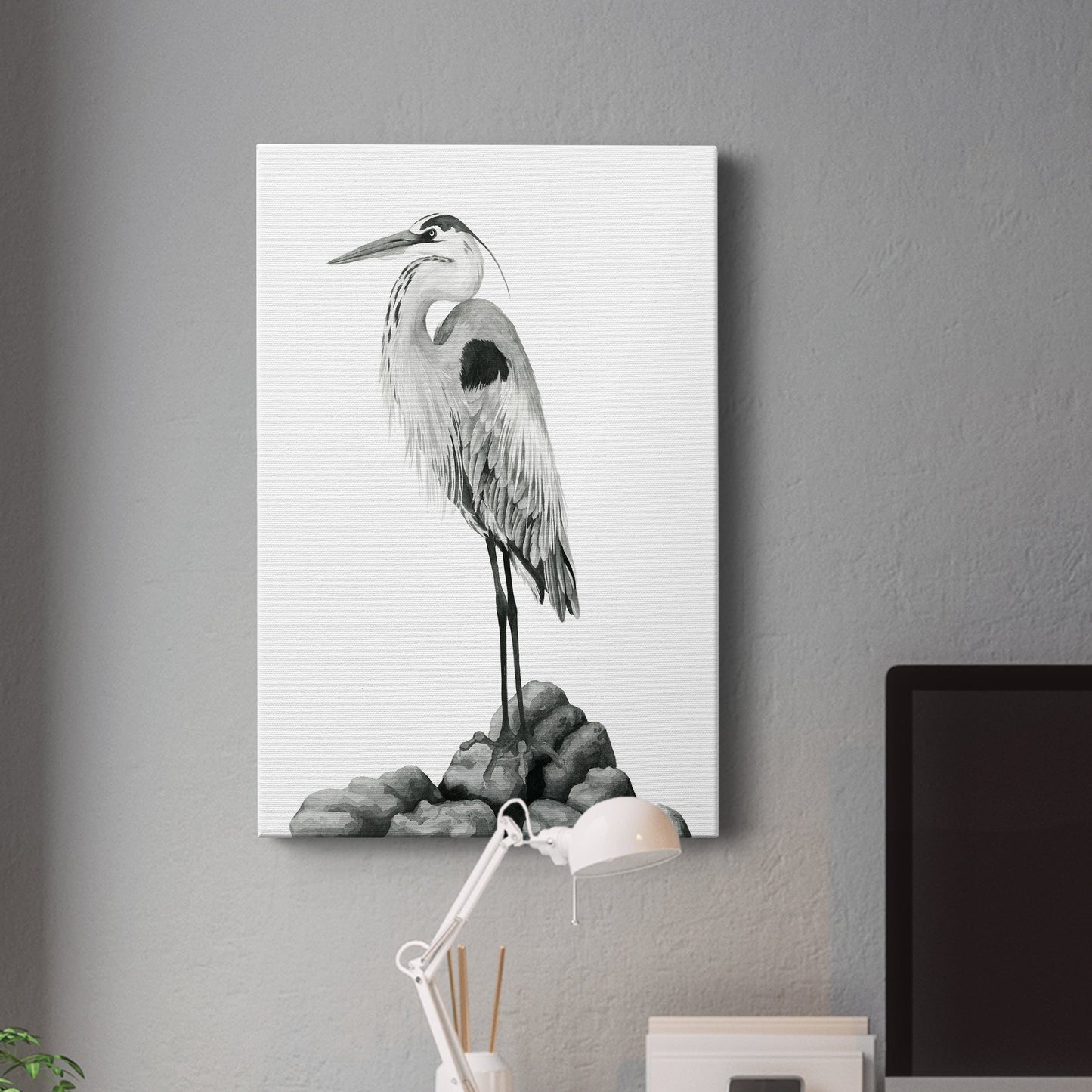 Shoreline Heron in B&W II Premium Gallery Wrapped Canvas - Ready to Hang