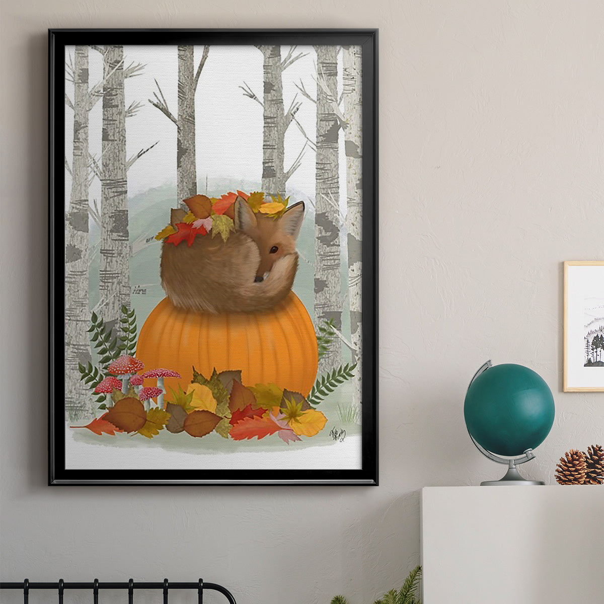 Fox Curled on Pumpkin - Modern Framed Canvas Print