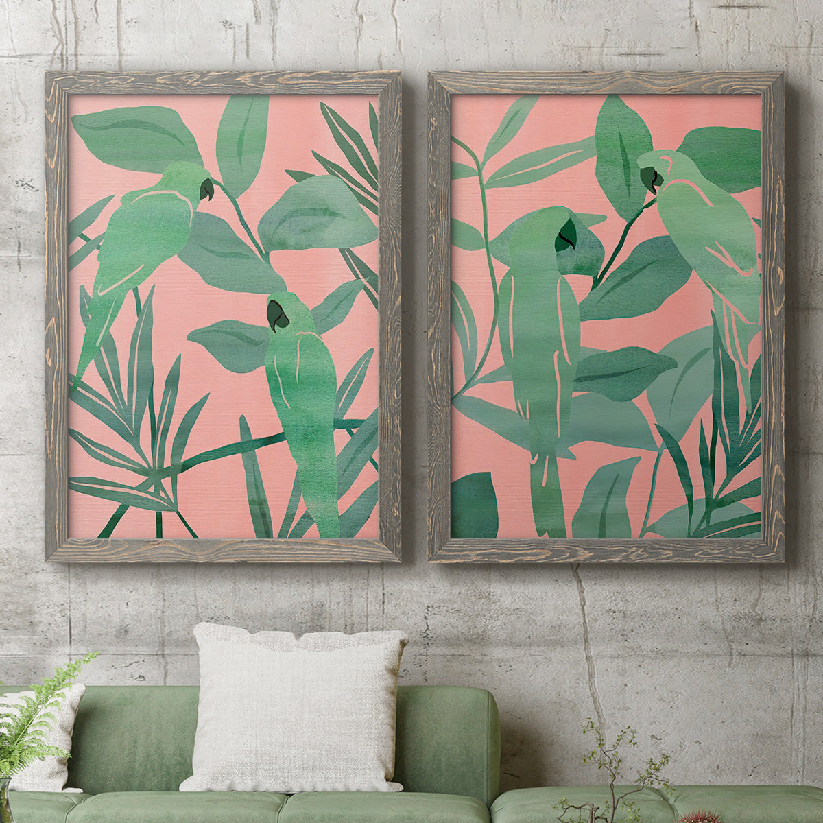 Pink and Green Birds of Paradise I - Premium Framed Canvas 2 Piece Set - Ready to Hang