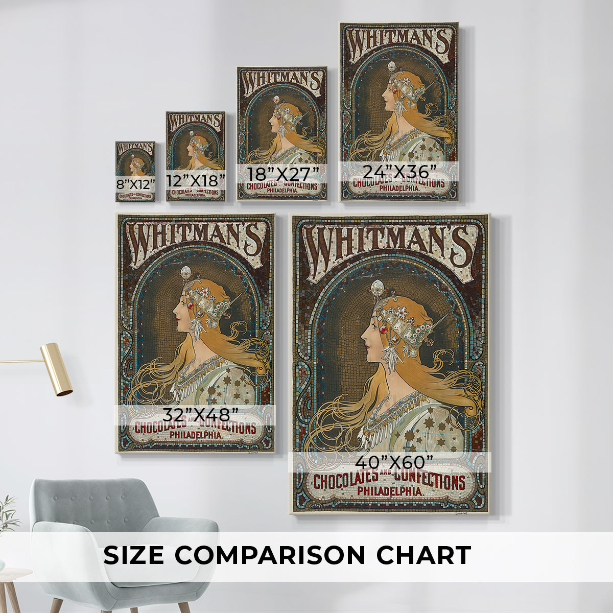 Size comparison chart for canvas art prints, showing multiple size options.