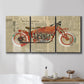 Three-panel canvas wall art featuring vintage red vehicle collage detail, displayed in a bathroom above a bathtub.