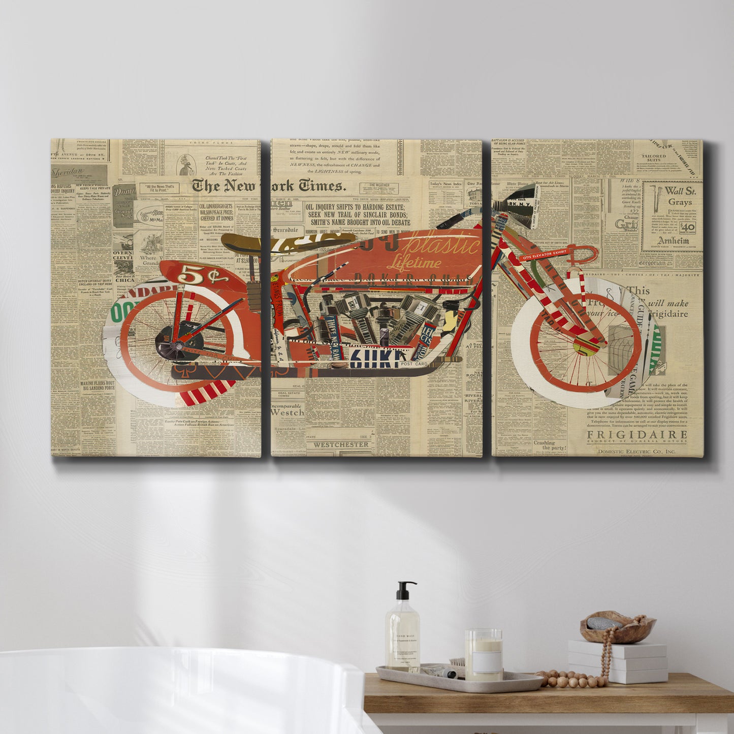 Three-panel canvas wall art featuring vintage red vehicle collage detail, displayed in a bathroom above a bathtub.