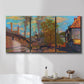 Three-panel canvas wall art featuring wooded stream landscape, displayed in a bathroom above a bathtub.