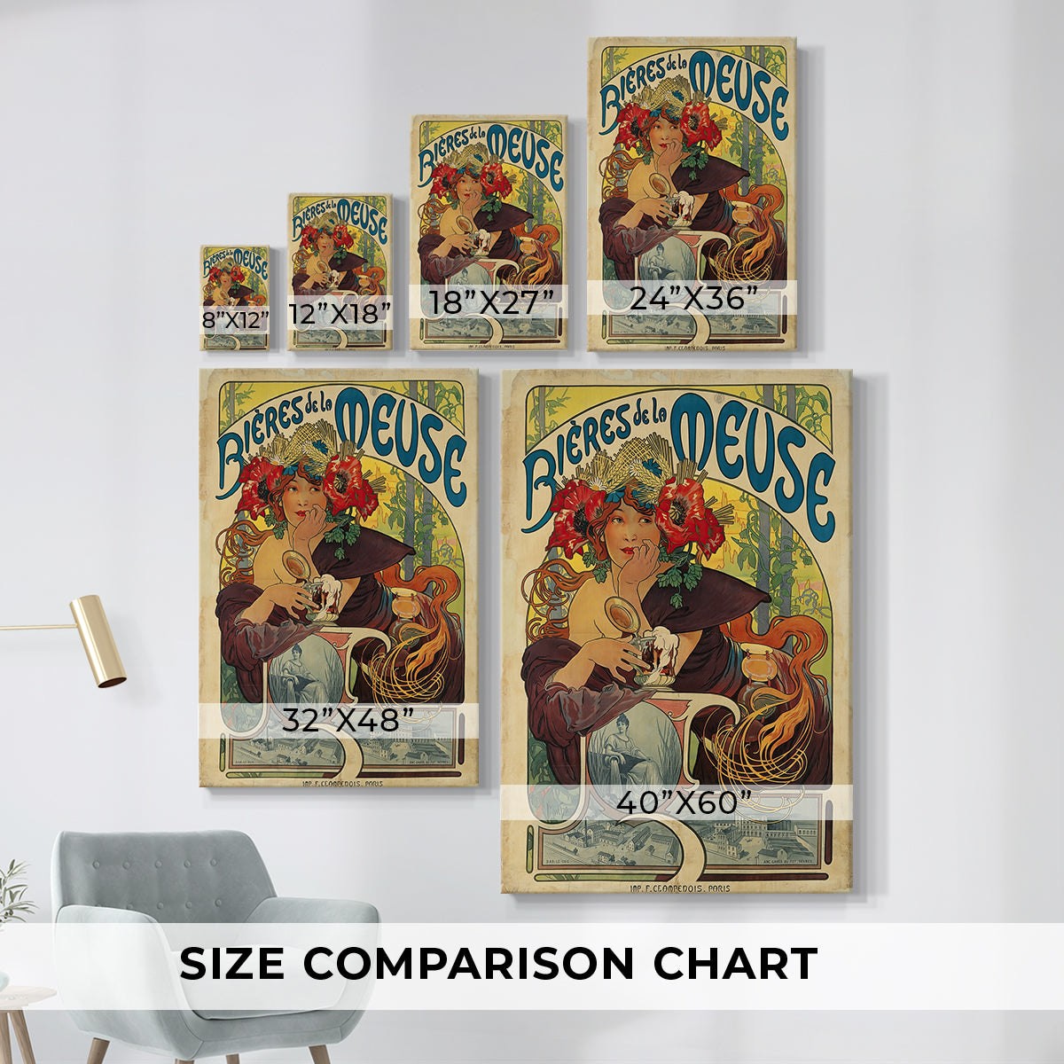 Size comparison chart for canvas art prints, showing multiple size options.