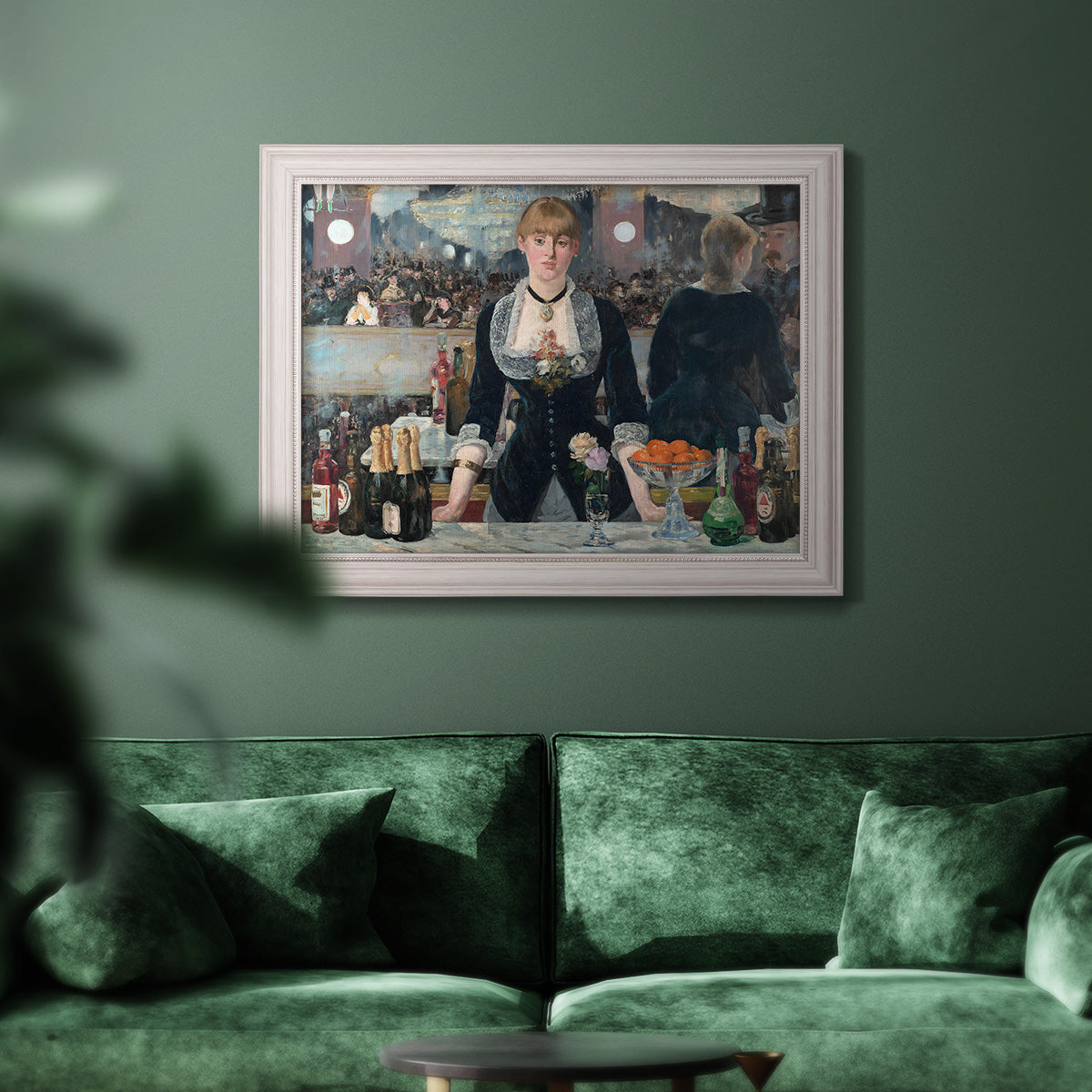 Iconic impressionist café bar scene by Édouard Manet in an ornate weathered white frame displayed in a dark-toned interior setting.