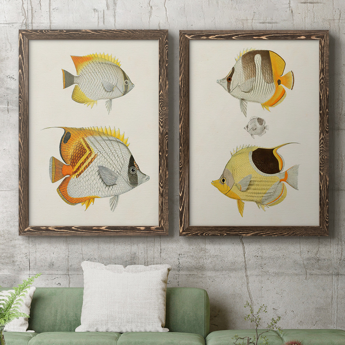 Yellow & Grey Fish I - Premium Framed Canvas 2 Piece Set - Ready to Hang