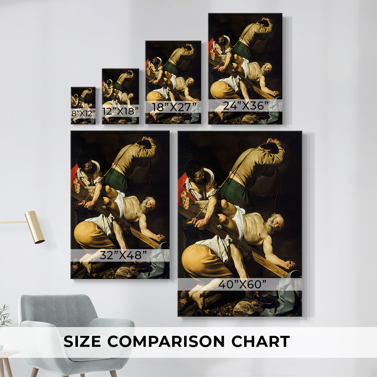 Size comparison chart for canvas art prints, showing multiple size options.