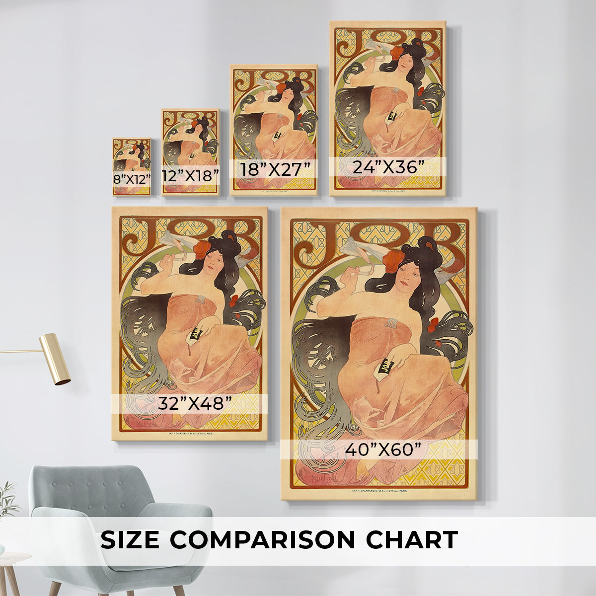 Size comparison chart for canvas art prints, showing multiple size options.
