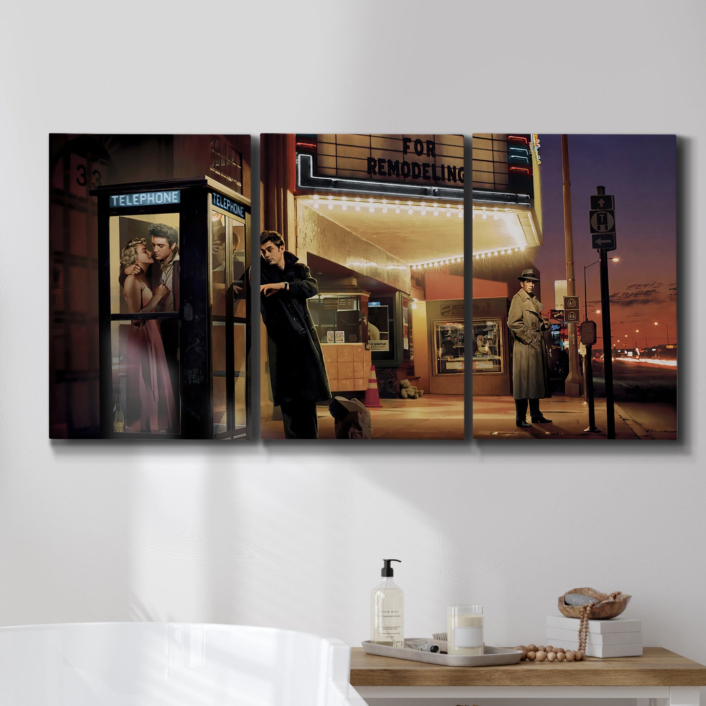 Three-panel canvas wall art featuring cinematic nighttime theater scene, displayed in a bathroom above a bathtub.