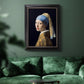 Iconic portrait of a girl wearing a pearl earring by Johannes Vermeer in an ornate black frame with gilded inner detail displayed in a dark-toned interior setting.