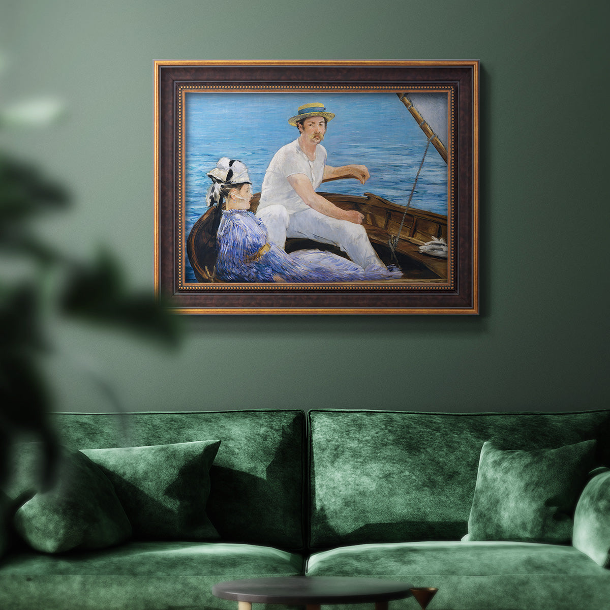 Impressionist leisure boating scene by Édouard Manet in an ornate bronzed mahogany wood frame displayed in a dark-toned interior setting.