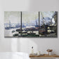 Three-panel canvas wall art featuring working harbor with docked boats, displayed in a bathroom above a bathtub.