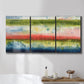 Three-panel canvas wall art featuring layered abstract color banding, displayed in a bathroom above a bathtub.