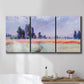 Three-panel canvas wall art featuring flowering field with poppies, displayed in a bathroom above a bathtub.
